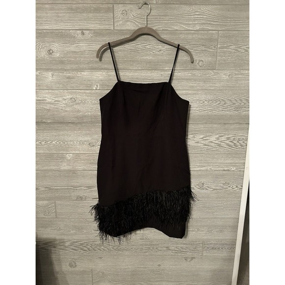 Sam Edelman Size 6‎ Spaghetti Strap Asymmetrical Feather Trim Mini Sheath Dress - Picture 1 of 6